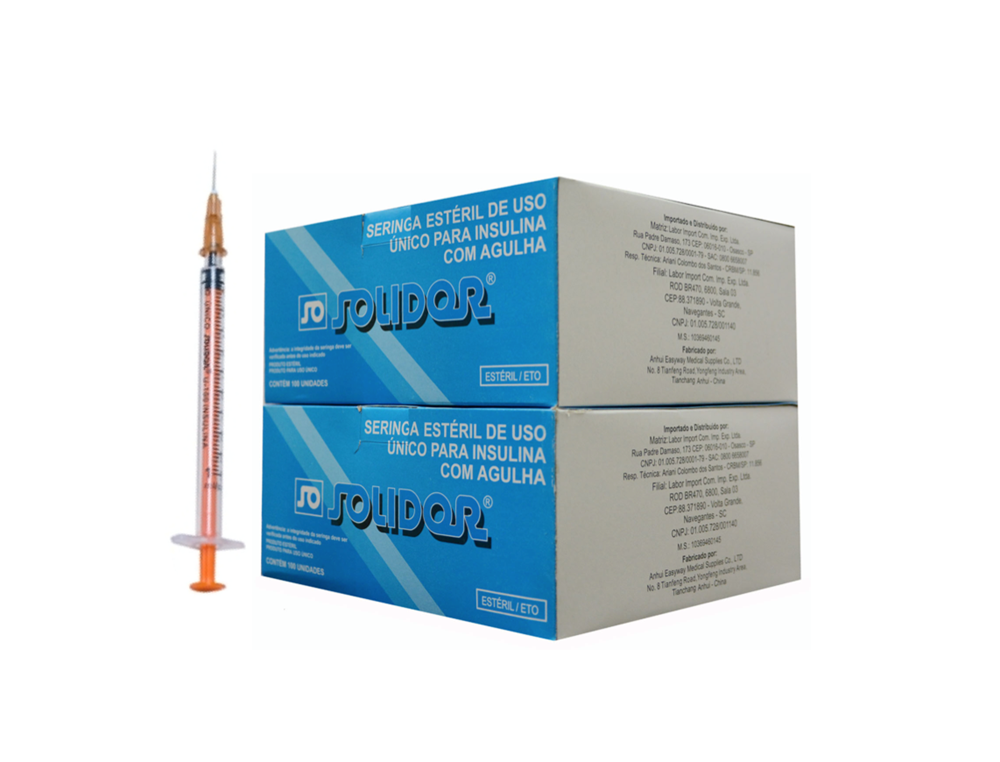 Seringa Botox - 1ml 13mm X 0,45mm (100ui) Resíduo Zero Agulha removível - 200 Seringas - SOLIDOR