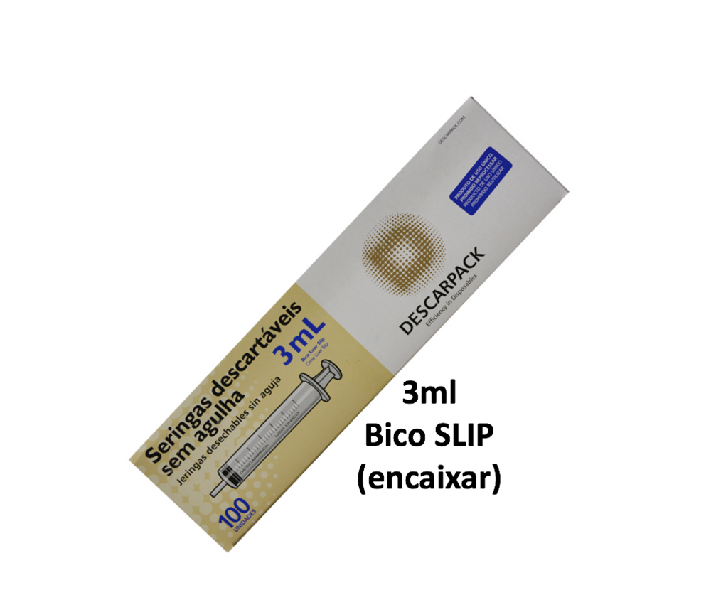 Seringa 3ml sem agulha - Bico SLIP (encaixar) - 100 Seringas - DESCARPACK