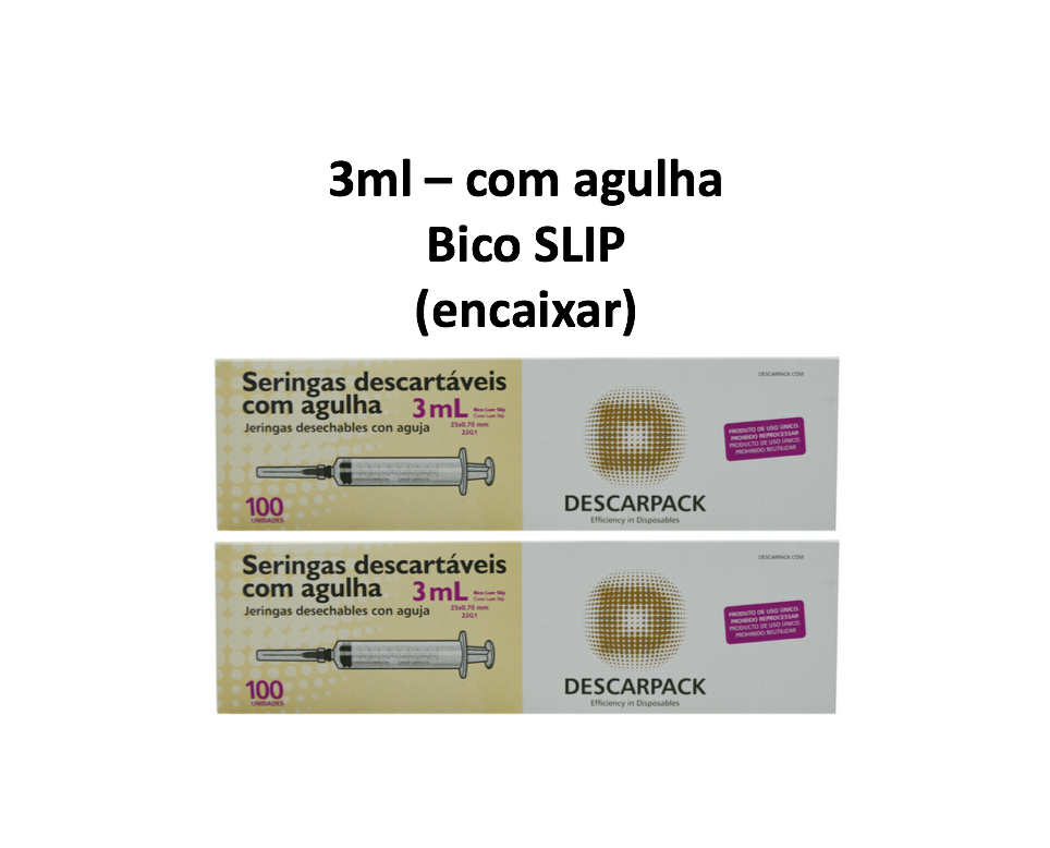 Seringa 3ml com agulha - Bico SLIP (encaixar) - 200 Seringas - DESCARPACK