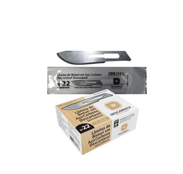 Lâmina de bisturi Número 22 - aço carbono - esterilizada - 100 lâminas - DESCARPACK
