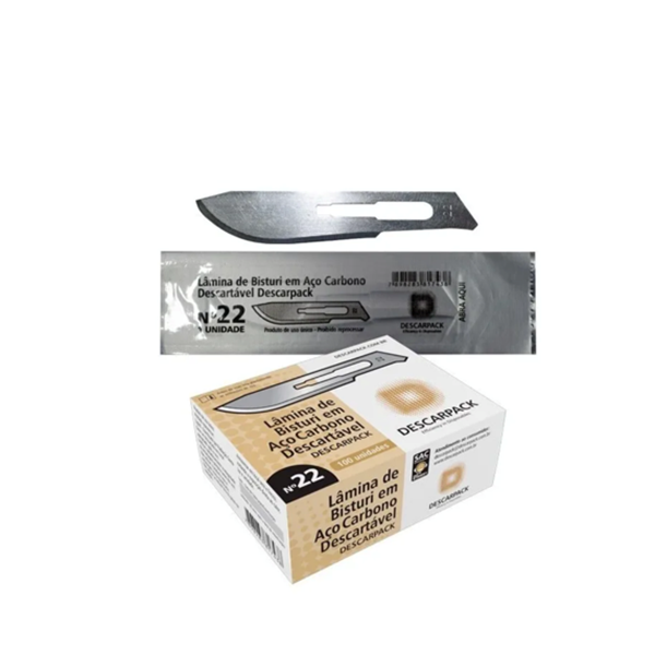 Lâmina de bisturi Número 22 - aço carbono - esterilizada - 100 lâminas - DESCARPACK