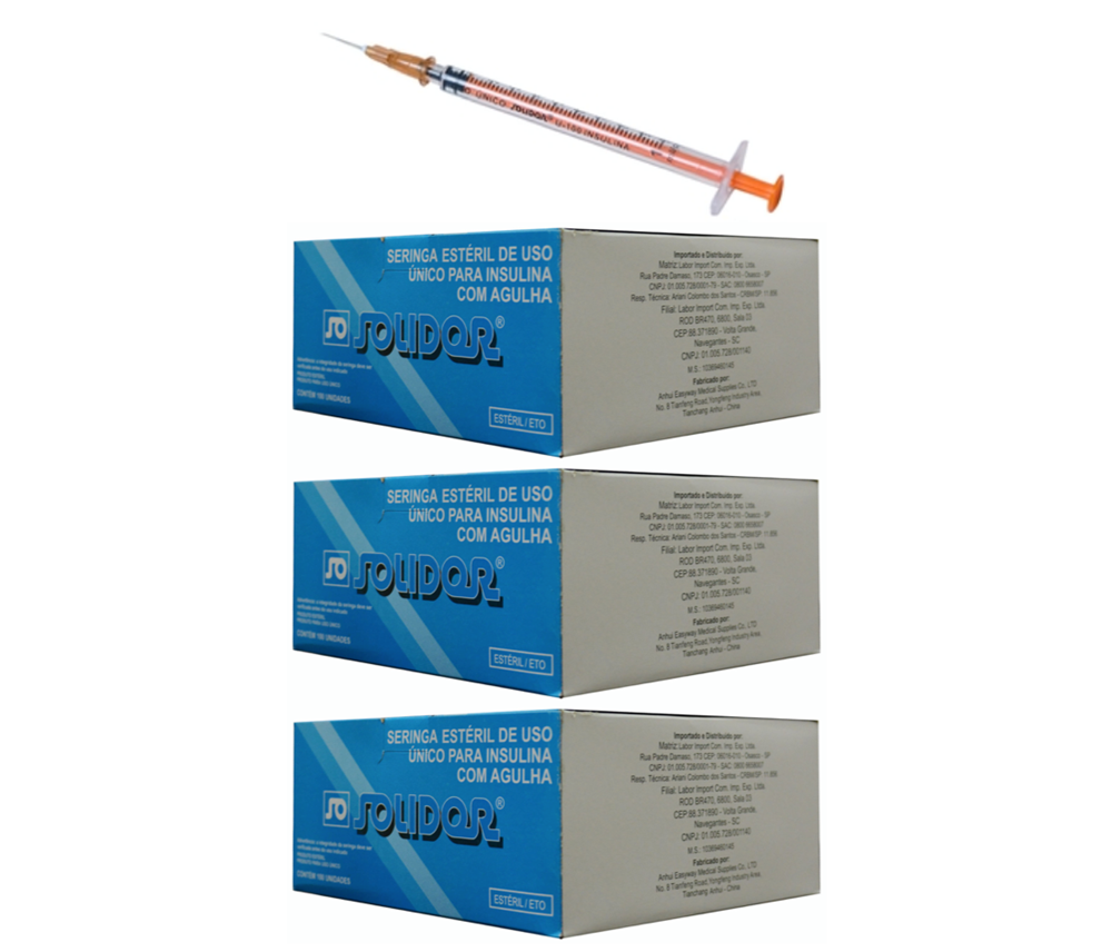 Seringa Insulina 1ml 13mm X 0,45mm (100ui) - Resíduo Zero - 300 Seringas - SOLIDOR
