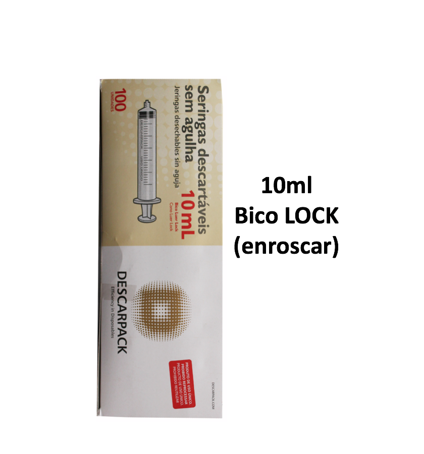Seringa 10ml sem agulha - Bico LOCK (enroscar) - 100 Seringas - DESCARPACK