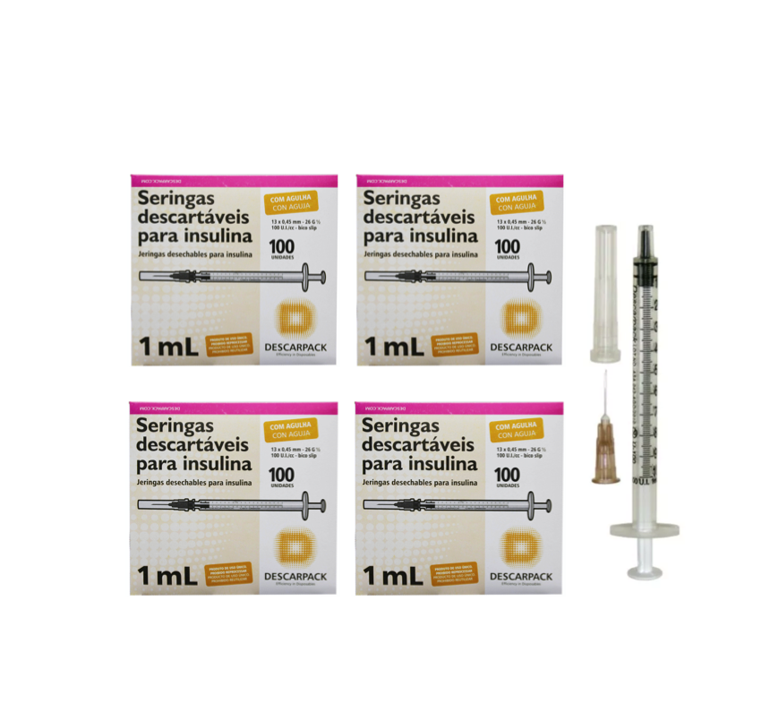 Seringa Insulina 1ml 13mm X 0,45mm (100ui) - Resíduo Zero - 400 Seringas - DESCARPACK