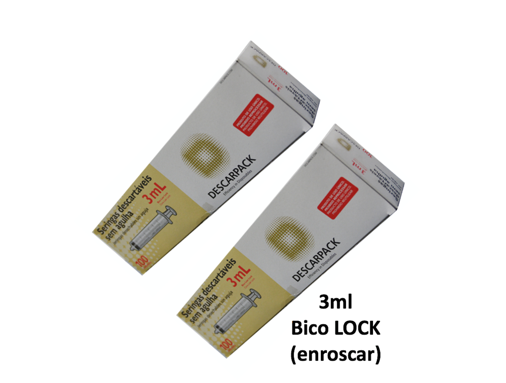 Seringa 3ml sem agulha - Bico LOCK (enroscar) - 200 Seringas - DESCARPACK