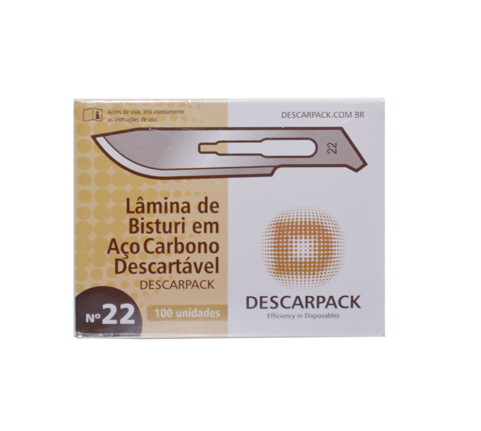 Lâmina de bisturi Número 22 - aço carbono - esterilizada - 100 lâminas - DESCARPACK