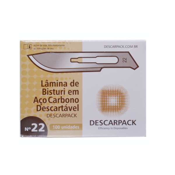 Lâmina de bisturi Número 22 - aço carbono - esterilizada - 100 lâminas - DESCARPACK