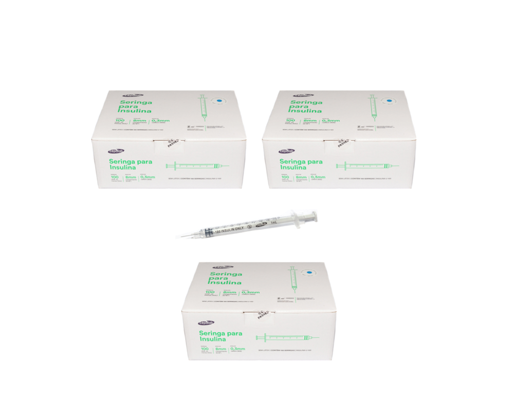 Seringa Insulina (PREMIUM) 1ml 8mm X 0,3mm (100ui) - 300 Seringas - CEPALAB