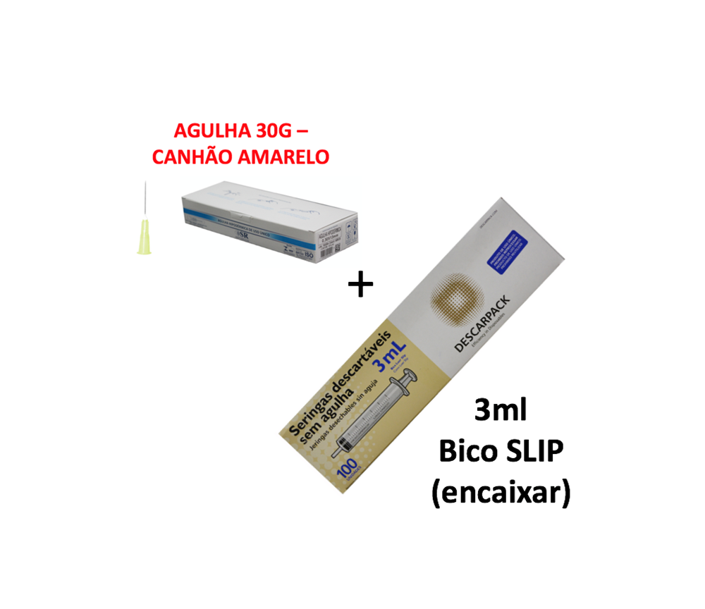 Agulha 30G - 13mm x 0,30mm (100x) - SR + Seringa 3ml sem agulha bico SLIP (100x) - DESCARPACK