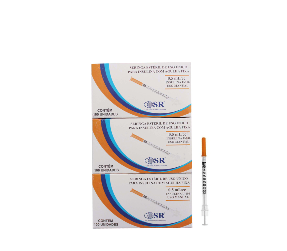 Seringa Insulina 0,5ml 6mm X 0,25mm Ultrafina (50ui) - 300 Seringas - SR