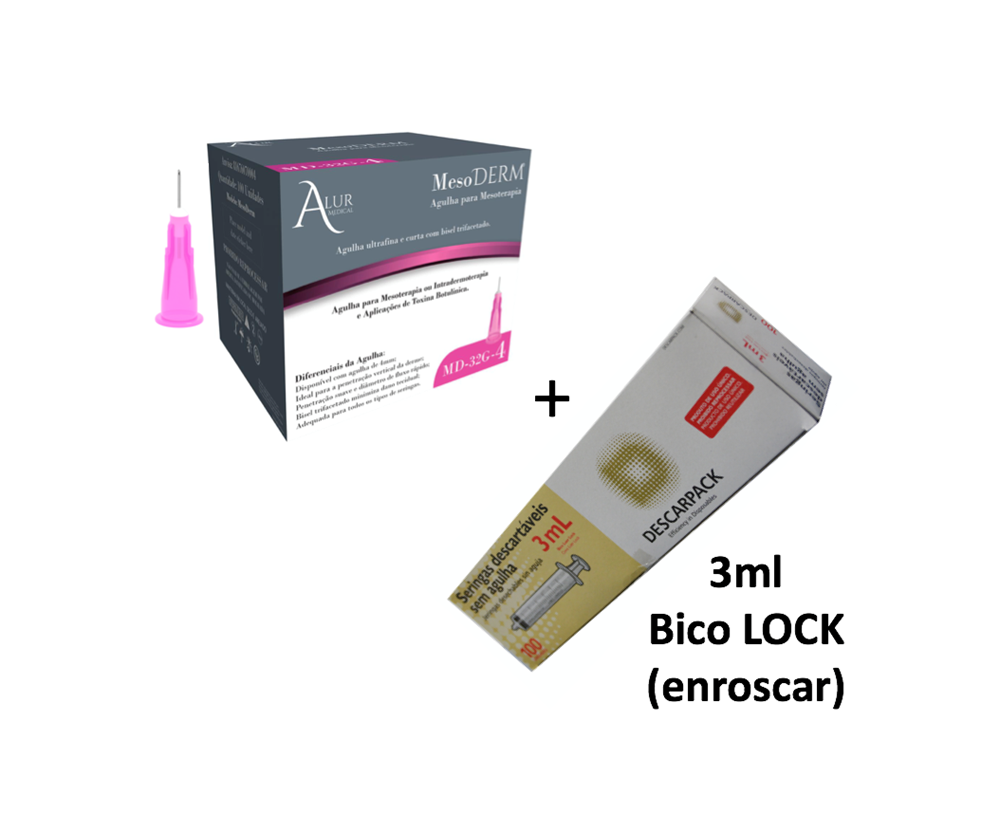 Agulha 32G 4mm x 0,23mm Lebel (100x) - ALUR MED. + Seringa 3ml sem agulha bico LOCK - DESCARPACK