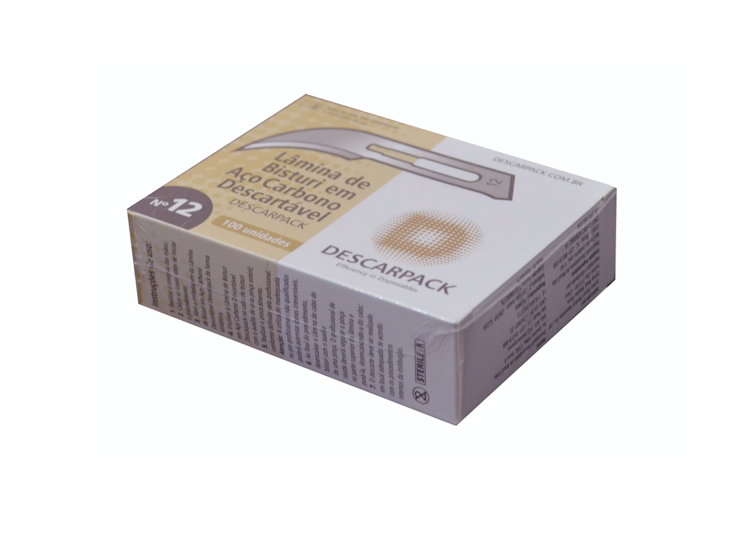 Lâmina de bisturi Número 12 - aço carbono - esterilizada - 100 lâminas - DESCARPACK