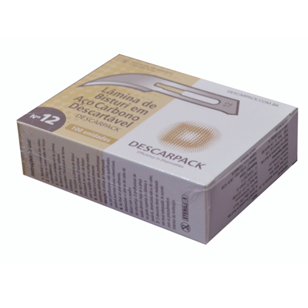 Lâmina de bisturi Número 12 - aço carbono - esterilizada - 100 lâminas - DESCARPACK