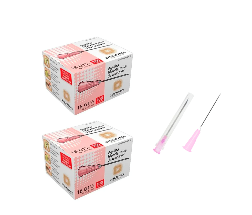 Agulha 18G - 40mm x 1,2mm - 200 agulhas (canhão rosa) - DESCARPACK