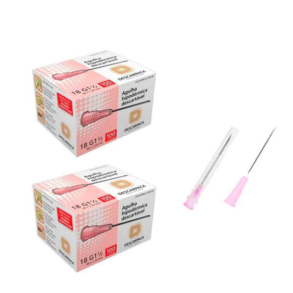 Agulha 18G - 40mm x 1,2mm - 200 agulhas (canhão rosa) - DESCARPACK