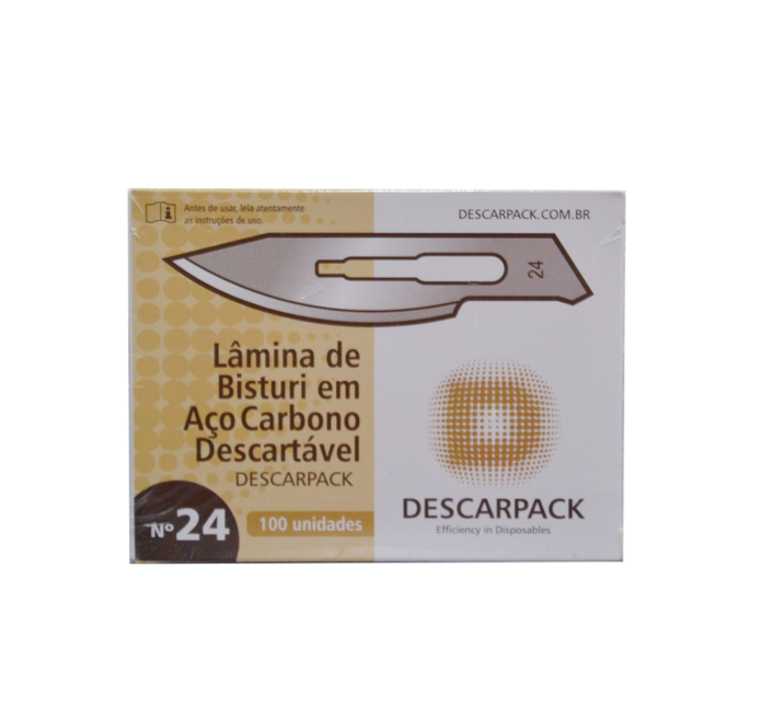 Lâmina de bisturi Número 24 - aço carbono - esterilizada - 100 lâminas - DESCARPACK