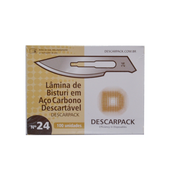 Lâmina de bisturi Número 24 - aço carbono - esterilizada - 100 lâminas - DESCARPACK