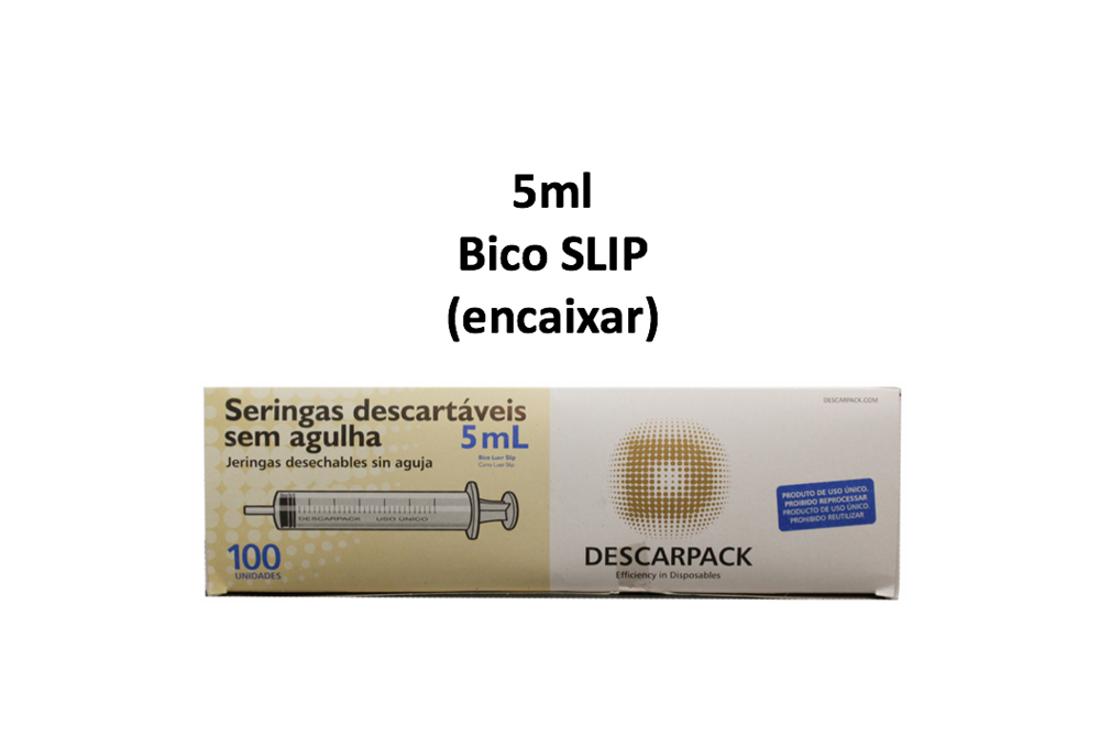 Seringa 5ml sem agulha - Bico SLIP (encaixar) - 100 Seringas - DESCARPACK